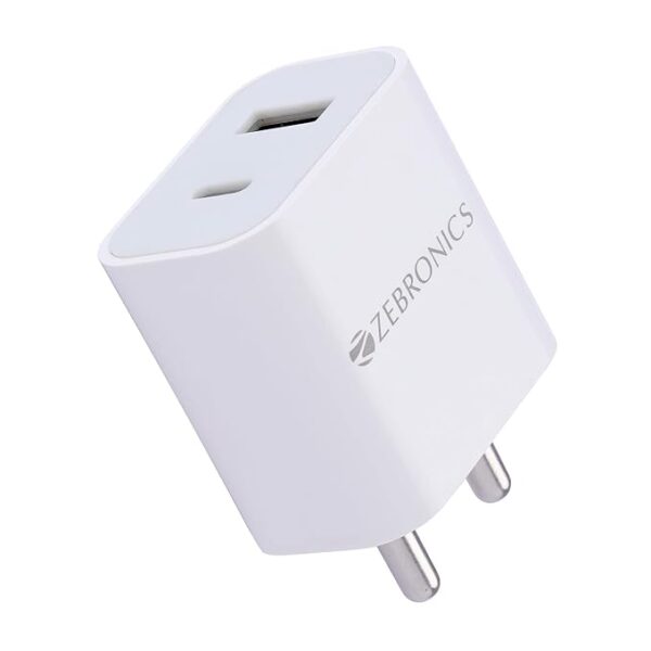 Zebronics MA106B Type C + USB Charger, Dual Output, 20W max, Multi Protocol, for iPhone | Android Smartphones | Tablets, PD 3.0 Adapter, Rapid Charge, Wide Voltage Support, Built in protections