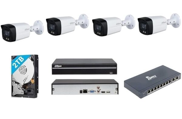 DAHUA 4MP IP Full-Colour with Audio(Built in Mice) Colour Vision in Night Camera Full Set with 4Nos Outdoor Bullete Camera,8 Channel NVR,8 Port POE Switch,2TB Hard Disk