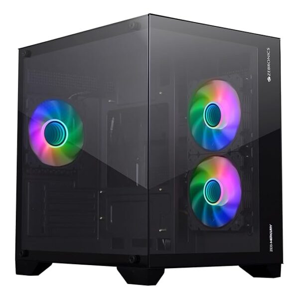 ZEBRONICS MERCURY Premium Gaming Chassis with support for mATX | Mini ITX | 240mm AIO, Dual Chamber Design, Infinity Ring ARGB Fan, Wraparound Tempered Glass (Black)