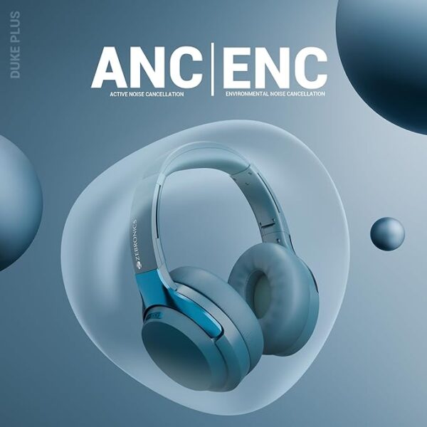 ZEBRONICS Duke Plus, Wireless Over Ear Headphone with ANC, ENC, Gaming Mode, Dual Pairing, Rapid Charge, Upto 70* Hours Backup, Bluetooth v5.4, AUX, Comfortable Earcushion, Deep Bass (Blue) - Image 3