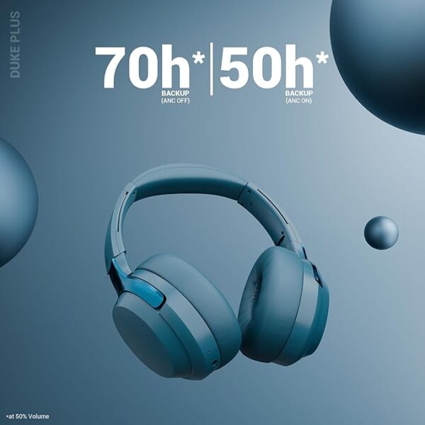 ZEBRONICS Duke Plus, Wireless Over Ear Headphone with ANC, ENC, Gaming Mode, Dual Pairing, Rapid Charge, Upto 70* Hours Backup, Bluetooth v5.4, AUX, Comfortable Earcushion, Deep Bass (Blue) - Image 4