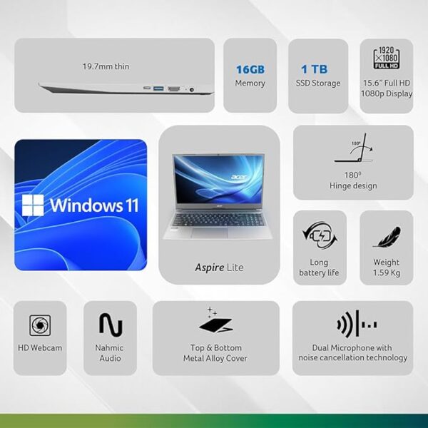 Acer Aspire Lite 12th Gen Intel Core i5-1235U Thin and Light Laptop (Windows 11 Home/16GB RAM/512GB SSD/Intel Iris Xe Graphics) AL15-52, 39.62cm (15.6") Full HD Display, Metal Body, Steel Gray, 1.6 KG - Image 2
