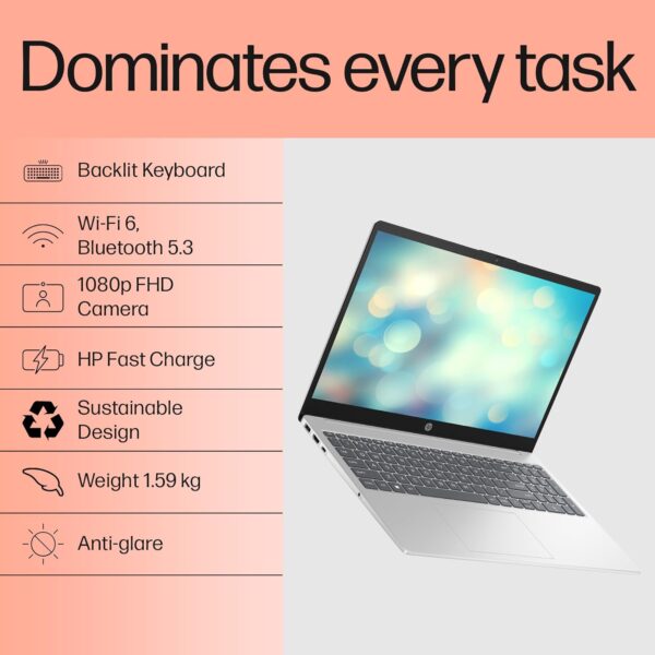 HP 15, 13th Gen Intel Core i5-1334U, 16GB DDR4, 512GB SSD, (Win 11, Office 21, Silver, 1.59kg), Anti-Glare, 15.6-inch(39.6cm) FHD Laptop, Iris Xe Graphics, FHD Camera, Backlit KB, fd0316TU/fd0315TU - Image 11