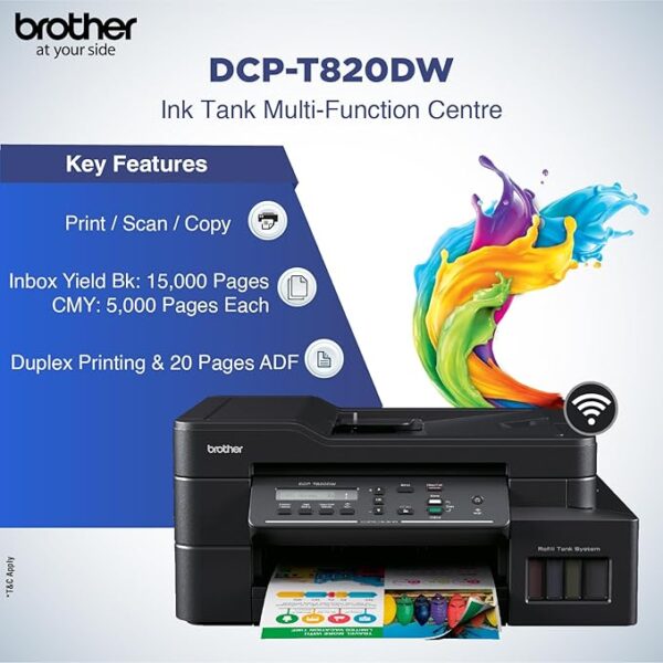 Brother DCP-T820DW Printer - Auto Duplex Printing, Print, Scan, Copy, ADF, WiFi/LAN/USB, Print Up To 15K Pages In Black And 5K In Color Each For (CMY), Get An Extra Black Ink Bottle, Free Installation - Image 4
