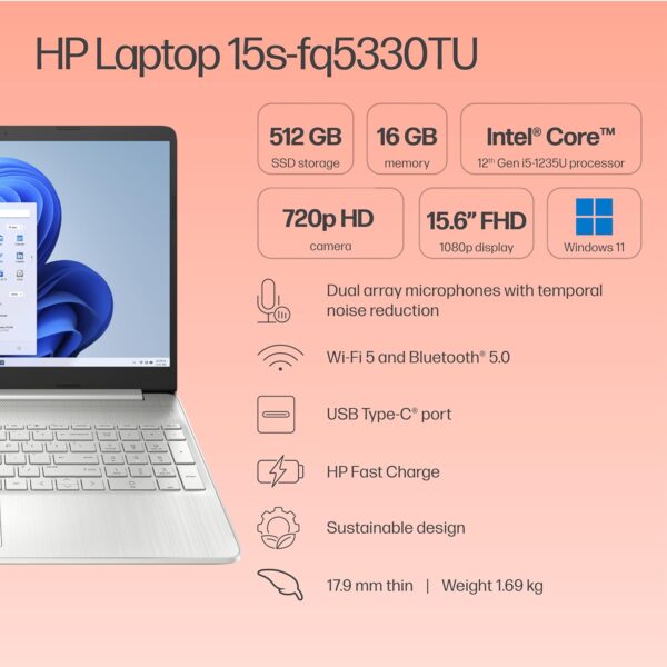 HP 15s Intel Core i5 12th Gen (16GB DDR4 RAM/ 512 GB NVMe M.2 SSD/Windows 11 / MS Office'2021 / FHD 15.6" (39.6 cm) + Backlit Keyboard/Silver / 1.69 kg/Dual Speakers) fq5330TU / Laptop - Image 2