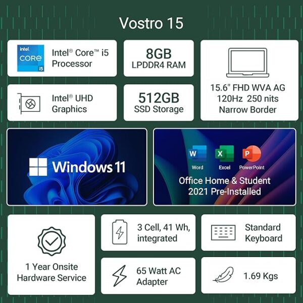 Dell Vostro 15 3520 Laptop - 15.6 inch (39.62cm) FHD Display, Intel Core i5-1235U, 8 GB RAM, 512 GB SSD, Titan Grey, 1.69Kg, Ideal for Business Users, Perfect for Productivity and Collaboration - Image 2