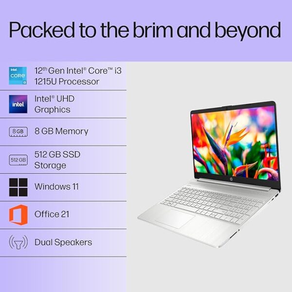 HP 15s, 12th Gen Intel Core i3-1215U, 8GB DDR4, 512GB SSD, (Win 11, Office 21, Silver, 1.69kg) Anti-glare, Micro-edge, 15.6-inch(39.6cm) FHD laptop, Intel UHD Graphics, HD camera, Backlit KB, fq5327tu - Image 9