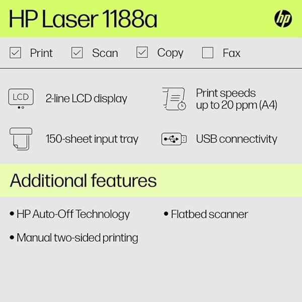 HP Laser MFP 1188a, Print, Copy, Scan, Hi-Speed USB 2.0, Up to 21 ppm, 150-sheet Input Tray, 100-sheet Output Tray, 10,000-page Duty Cycle, 1-Year Warranty, Black and White, 715A2A - Image 2