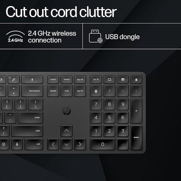 HP 450 Programmable Wireless, Full Size; 3-Zone Layout Keyboard, 2.4 Ghz Wireless Connection, Compatible with Pcs with Available USB-A Port, Black - Image 3