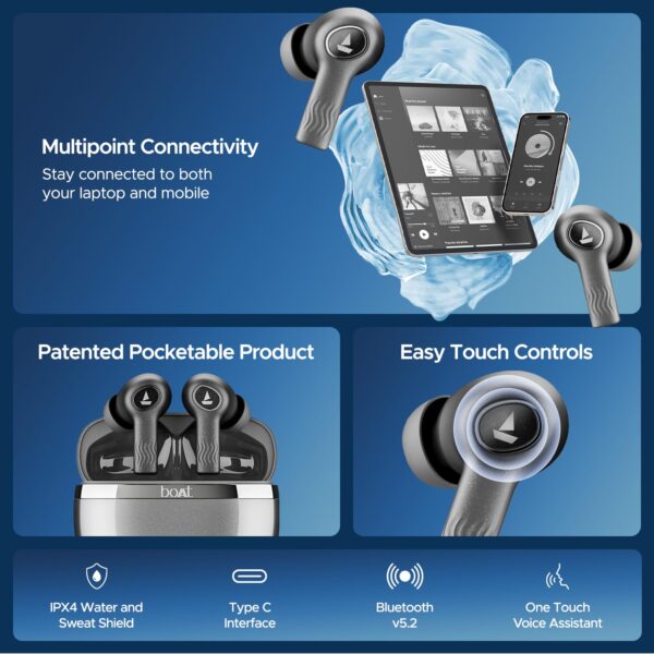 boAt Nirvana Iris Truly Wireless in Ear Ear Buds w/Up to 32 dB Active Noise Cancellation,120 Hrs Playback,Crystal Bionic Sound Powered by HiFi,Beast Mode,ENx Tech,Hearables App(Crystal Black) - Image 2