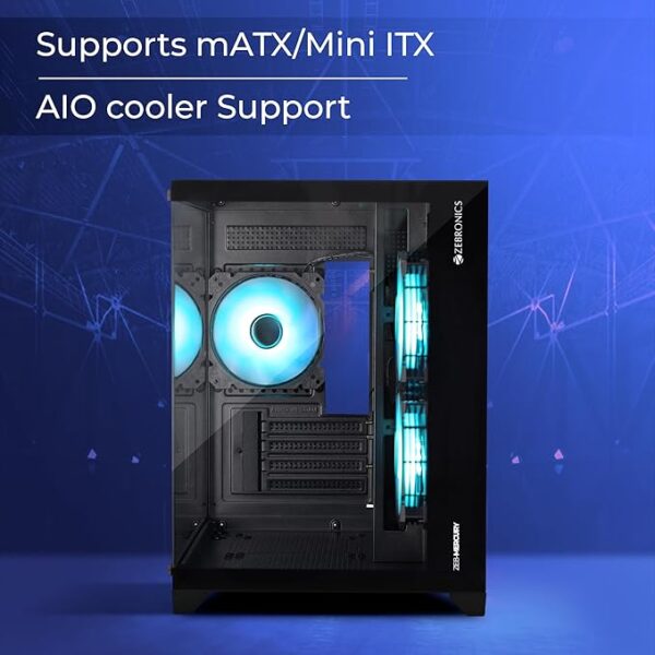 ZEBRONICS MERCURY Premium Gaming Chassis with support for mATX | Mini ITX | 240mm AIO, Dual Chamber Design, Infinity Ring ARGB Fan, Wraparound Tempered Glass (Black) - Image 3
