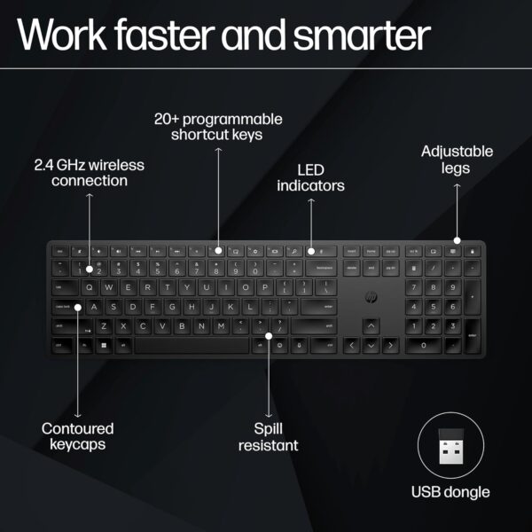 HP 450 Programmable Wireless, Full Size; 3-Zone Layout Keyboard, 2.4 Ghz Wireless Connection, Compatible with Pcs with Available USB-A Port, Black - Image 8