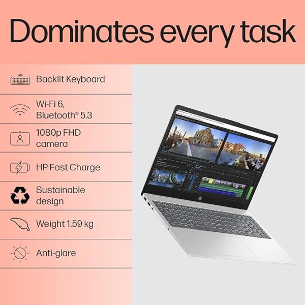 HP 15, 13th Gen Intel Core i5-1334U, 16GB DDR4, 512GB SSD, (Win 11, Office 24, Silver, 1.59kg), Anti-Glare, 15.6-inch(39.6cm) FHD Laptop, Iris Xe Graphics, FHD Camera, Backlit KB, fd0467tu - Image 3