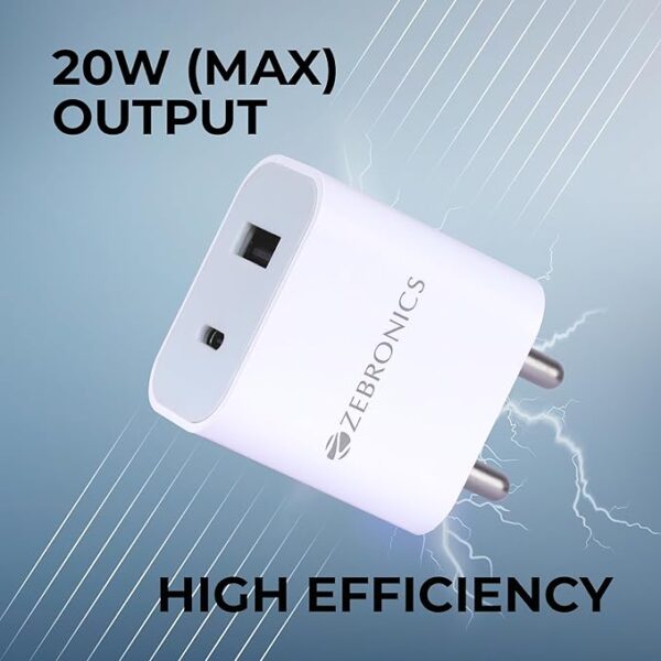 Zebronics MA106B Type C + USB Charger, Dual Output, 20W max, Multi Protocol, for iPhone | Android Smartphones | Tablets, PD 3.0 Adapter, Rapid Charge, Wide Voltage Support, Built in protections - Image 3