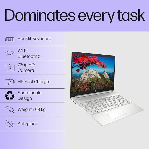 HP 15s, 12th Gen Intel Core i3-1215U, 8GB DDR4, 512GB SSD, (Win 11, Office 21, Silver, 1.69kg) Anti-glare, Micro-edge, 15.6-inch(39.6cm) FHD laptop, Intel UHD Graphics, HD camera, Backlit KB, fq5327tu - Image 8