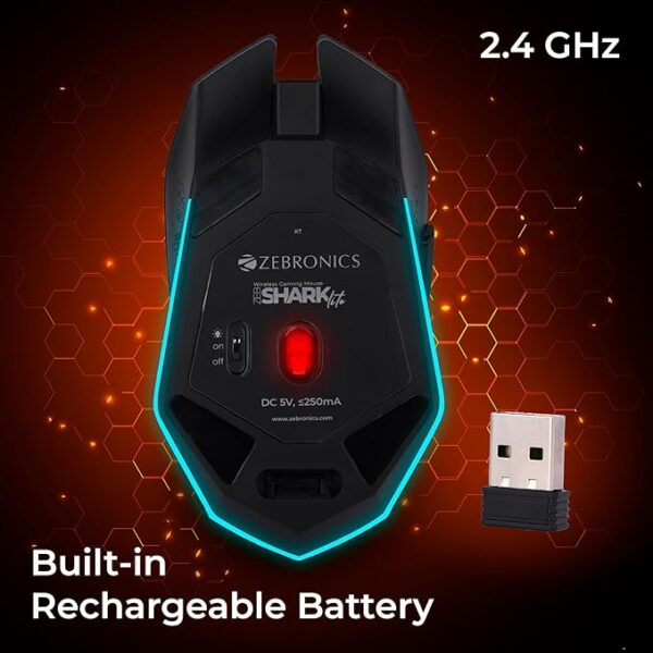 ZEBRONICS Shark Lite Wireless Gaming Mouse with 4600DPI, Comfortable & Ergonomic Design, RGB LED Lights, 6 Buttons, in-Built Rechargeable Battery, Power & LED ON/Off Switch - Image 2