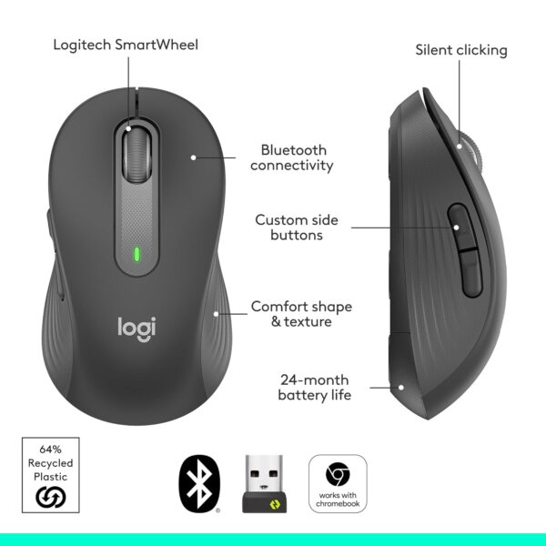 Logitech Signature M650 Wireless Mouse - for Small to Medium Sized Hands, 2-Year Battery, Silent Clicks, Customisable Side Buttons, Bluetooth, for PC/Mac/Multi-Device/Chromebook -Graphite - Image 7