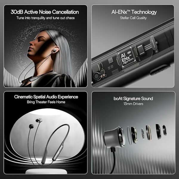 boAt Rockerz 210 ANC Bluetooth in Ear Neckband w/Spatial Audio, 30dB ANC, AI-ENx Technology, 40hrs Playback, EQ Modes, 13 mm Drivers, Dual Pairing & Fast Pair(Onyx Black) - Image 2