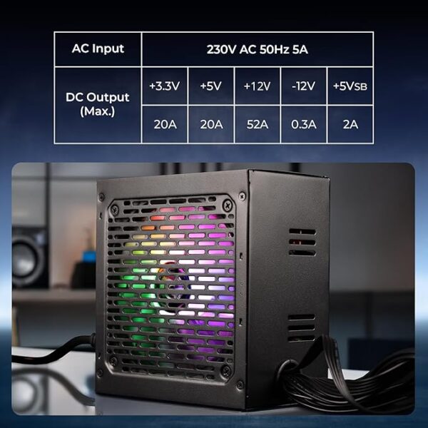ZEBRONICS VS700Z, Premium Power Supply, Silent 120mm RGB Fan, Long Flat Cables, 12V 52A, PCIe x 1, MOLEX x 2, SATA x 4, 8 Pin PCIe, Over Voltage | Over Current | Short Circuit Protection (Black) - Image 3