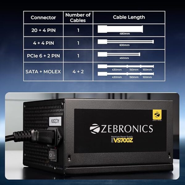 ZEBRONICS VS700Z, Premium Power Supply, Silent 120mm RGB Fan, Long Flat Cables, 12V 52A, PCIe x 1, MOLEX x 2, SATA x 4, 8 Pin PCIe, Over Voltage | Over Current | Short Circuit Protection (Black) - Image 4