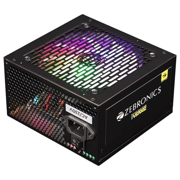 ZEBRONICS VS700Z, Premium Power Supply, Silent 120mm RGB Fan, Long Flat Cables, 12V 52A, PCIe x 1, MOLEX x 2, SATA x 4, 8 Pin PCIe, Over Voltage | Over Current | Short Circuit Protection (Black)