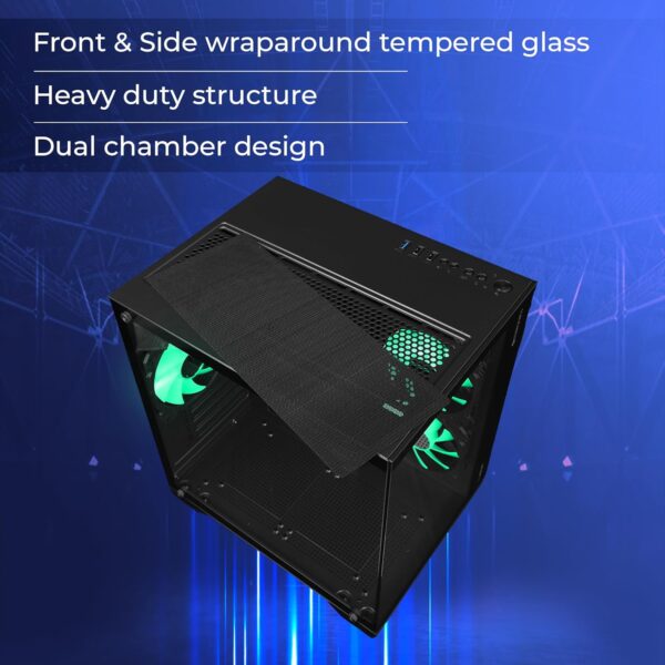 ZEBRONICS MERCURY Premium Gaming Chassis with support for mATX | Mini ITX | 240mm AIO, Dual Chamber Design, Infinity Ring ARGB Fan, Wraparound Tempered Glass (Black) - Image 7