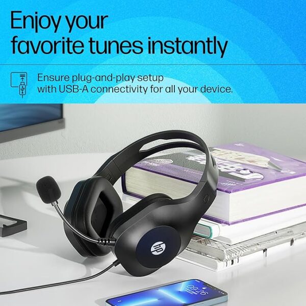 HP H120 Stereo USB On Ear Headset, Plug-and-Play USB-A, Built-in Noise-Canceling Mic, Adjustable Head Strap, Padded Ear Cushions, 360-Degree Bendable Mic, 1-Year Limited Warranty, Black, 9Z4V9Aa - Image 4