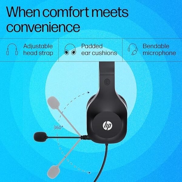 HP H120 Stereo USB On Ear Headset, Plug-and-Play USB-A, Built-in Noise-Canceling Mic, Adjustable Head Strap, Padded Ear Cushions, 360-Degree Bendable Mic, 1-Year Limited Warranty, Black, 9Z4V9Aa - Image 5