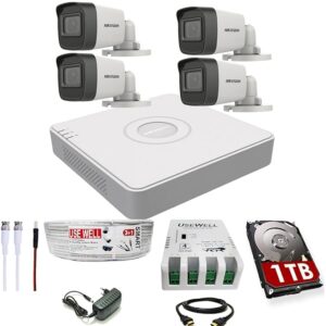 HIKVISION 4 Channel DVR with 5 MP 4 Bullet Cameras with Audio Recording + 1 TB HDD + (3+1) Cable roll + 4 CH Power Supply + USEWELL BNC & DC Full Combo Kit