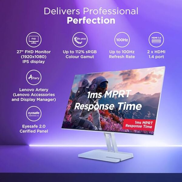 Lenovo L-Series 27 inch (68.5cm) FHD IPS Monitor| 100Hz, 1ms, FreeSync, 99% sRGB, 3Wx2 Speakers, Smart Display Customization Artery, 2X HDMI 1.4, 1x VGA, Tilt, Cloud Grey, L27i-4A - Image 5