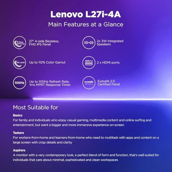 Lenovo L-Series 27 inch (68.5cm) FHD IPS Monitor| 100Hz, 1ms, FreeSync, 99% sRGB, 3Wx2 Speakers, Smart Display Customization Artery, 2X HDMI 1.4, 1x VGA, Tilt, Cloud Grey, L27i-4A - Image 6