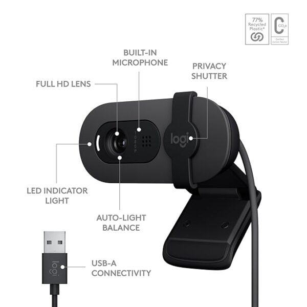 Logitech Brio 100 Full HD Webcam for Meetings and Streaming, Auto-Light Balance, Built-in Mic, Privacy Shutter, USB-A, for Microsoft Teams, Google Meet, Zoom and More- Graphite - Image 2