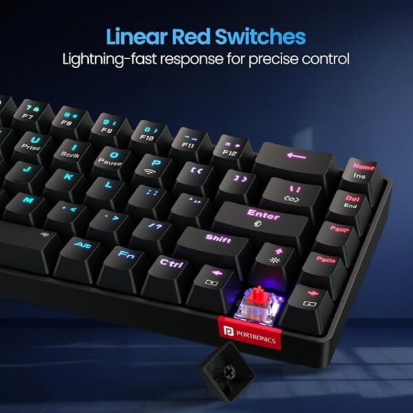 Portronics Hydra 10 Wireless Mechanical Gaming Keyboard with Bluetooth & 2.4 GHz Wireless, Red Switches, Multi-Device Pairing, TKL Compact Size, Multi-Colour Backlight, for Laptop & PC (Black) - Image 3