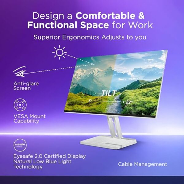 Lenovo L-Series 27 inch (68.5cm) FHD IPS Monitor| 100Hz, 1ms, FreeSync, 99% sRGB, 3Wx2 Speakers, Smart Display Customization Artery, 2X HDMI 1.4, 1x VGA, Tilt, Cloud Grey, L27i-4A - Image 4