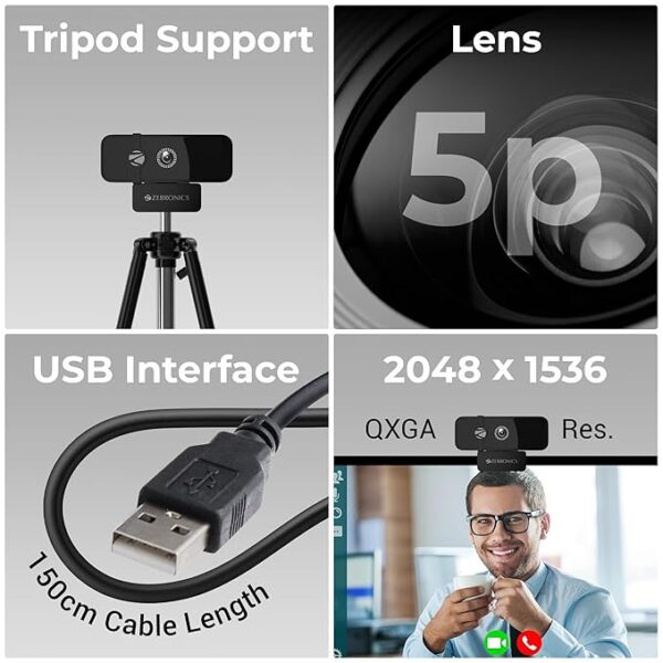 ZEBRONICS Sharp Pro High Resolution Digital Webcam, 30 Fps, 2048 X 1536 Qxga, Microphone, Auto Focus, Dedicated Privacy Shutter, Tripod Support, Compatible with Laptops, Mac for Zoom, Skype, Discord - Image 3