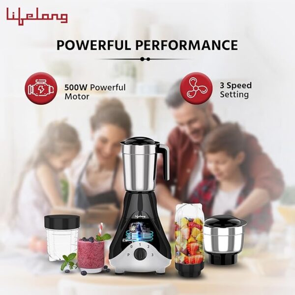Lifelong Mixer Grinder for Kitchen - 4 Jars 500 Watt Mixie - 2 Nutri bullet Jars for Smoothie & Blending, Chutney Jar & Liquidizing Jar used as Wet Grinder & Blender - Stainless Steel Blades (LLMG39) - Image 5