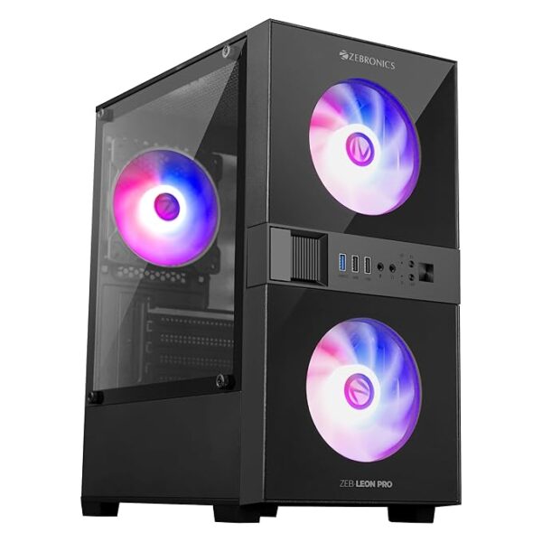 ZEBRONICS Leon PRO Premium Gaming Cabinet/Case, Mini-Tower, Supports mATX | ITX, 3 Pre-Installed RGB Fans, Side Tempered Glass, USB 3.0, Magnetic Dust Filter (Black)