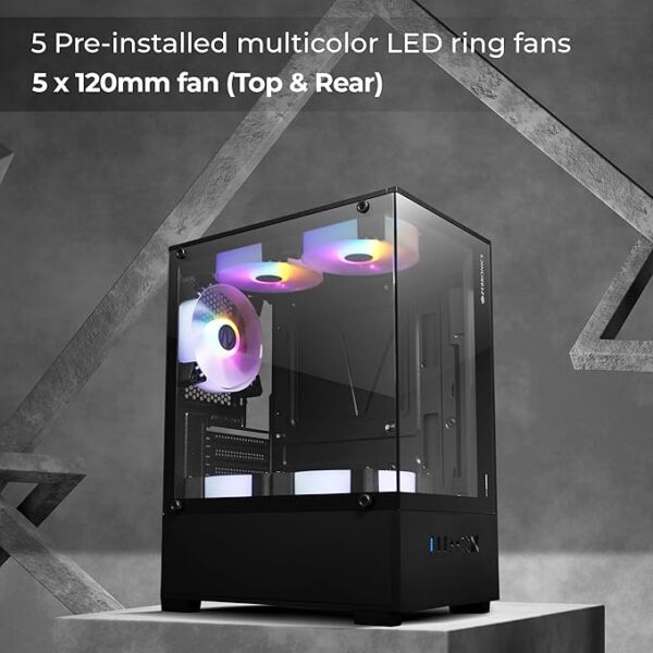 ZEBRONICS ICEBERG Premium Gaming Chassis with support for mATX | Mini ITX, Wraparound Tempered Glass, 120mm Multicolor LED Ring Fans, Top Magnetic Dust Filter, 5 Fans Included (Black) - Image 2