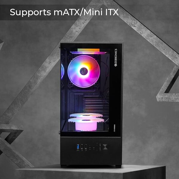 ZEBRONICS ICEBERG Premium Gaming Chassis with support for mATX | Mini ITX, Wraparound Tempered Glass, 120mm Multicolor LED Ring Fans, Top Magnetic Dust Filter, 5 Fans Included (Black) - Image 3