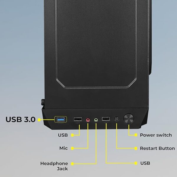ZEBRONICS ZIUM Mid-Tower Gaming Cabinet, M-ATX/M-Itx, Fins Focussed Multicolor Rear Fan, Multi Color Led Strip, Acrylic Glass Side Panel, USB 3.0, USB 2.0 - Image 4