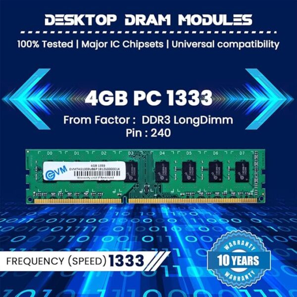 EVM 4GB DDR3 Desktop RAM 1333MHz Long-DIMM Memory - Boost Computer Speed and Performance with Low Latency and Durable Design - 10-Year Warranty (EVMT4G1333U86P) - Image 2