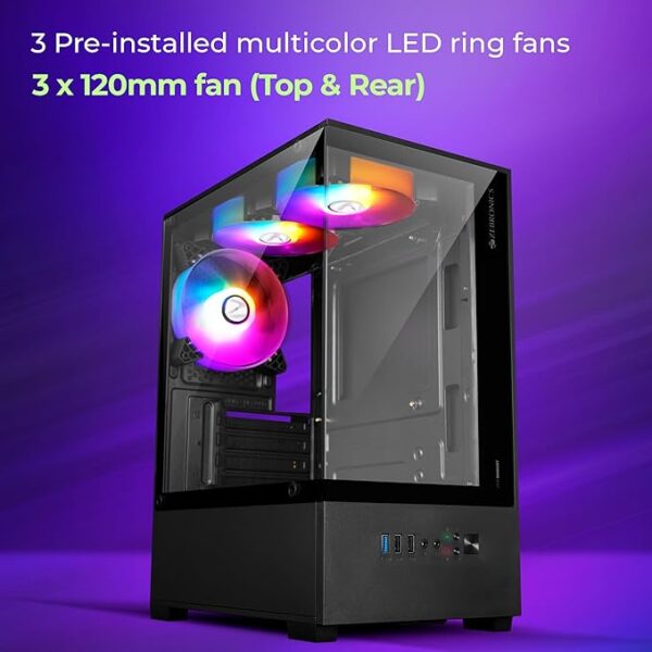 ZEBRONICS ROBUST Premium Gaming Chassis with support for mATX | Mini ITX, Wraparound Tempered Glass, 120mm Multicolor LED Ring Fans, Top Magnetic Dust Filter, 3 Fans Included (Black) - Image 2