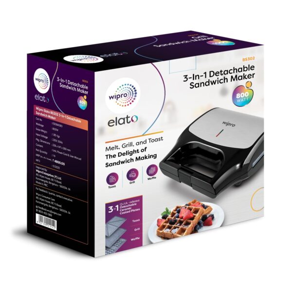 wipro Elato Bs302 800 Watt 3-In-1 Detachable Sandwich Maker, Removables Plates For Toaster, Griller & Waffle Maker, Non-Toxic Ceramic Coating,2 Year Warranty, Regular Bread Size For 2 Slices, Black - Image 8