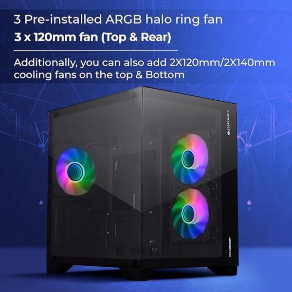 ZEBRONICS MERCURY Premium Gaming Chassis with support for mATX | Mini ITX | 240mm AIO, Dual Chamber Design, Infinity Ring ARGB Fan, Wraparound Tempered Glass (Black) - Image 2