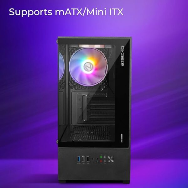 ZEBRONICS ROBUST Premium Gaming Chassis with support for mATX | Mini ITX, Wraparound Tempered Glass, 120mm Multicolor LED Ring Fans, Top Magnetic Dust Filter, 3 Fans Included (Black) - Image 3
