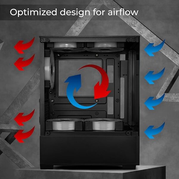 ZEBRONICS ICEBERG Premium Gaming Chassis with support for mATX | Mini ITX, Wraparound Tempered Glass, 120mm Multicolor LED Ring Fans, Top Magnetic Dust Filter, 5 Fans Included (Black) - Image 4