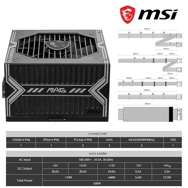 MSI MAG A650BN Power Supply Unit - 650W, 80 Plus Bronze Certified, 12V Single-Rail, DC-to-DC Circuit, 120mm Fan, Active PFC Design, Multiple Connectivity, for Gaming PC, 5-Year Warranty - Image 3