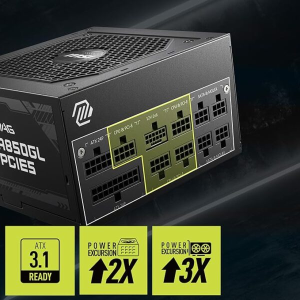 MSI MAG A850GL PCIE5 Power Supply Unit, 850W, 80 Plus Gold, Fully Modular, ATX 3.0, PCIe 5.0 GPU Support, 120mm FDB Fan, Full-Bridge LLC, Flat Black Cables - 7 Year Warranty - Image 5