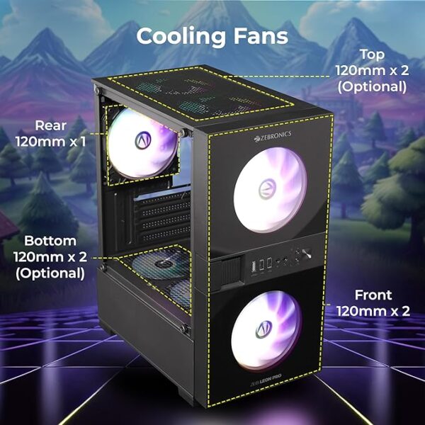 ZEBRONICS Leon PRO Premium Gaming Cabinet/Case, Mini-Tower, Supports mATX | ITX, 3 Pre-Installed RGB Fans, Side Tempered Glass, USB 3.0, Magnetic Dust Filter (Black) - Image 4
