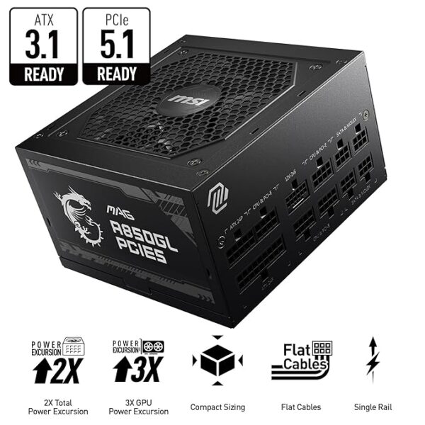 MSI MAG A850GL PCIE5 Power Supply Unit, 850W, 80 Plus Gold, Fully Modular, ATX 3.0, PCIe 5.0 GPU Support, 120mm FDB Fan, Full-Bridge LLC, Flat Black Cables - 7 Year Warranty - Image 6